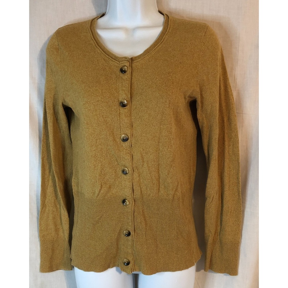 Eddie Bauer Women's Mustard Yellow fine-gauge knit crewneck cardigan Sz Small
